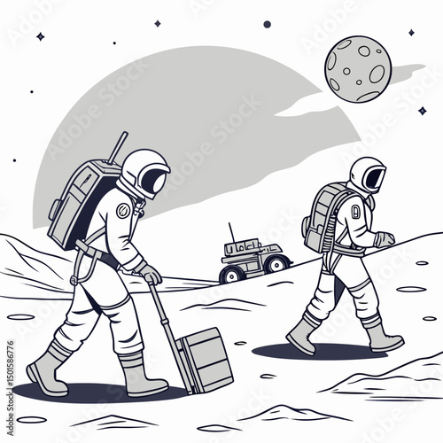 Astronauts exploring moon surface lunar rover mission