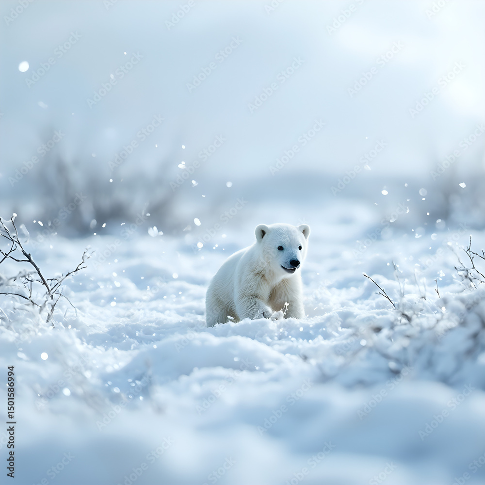 Fototapeta premium A polar bear is captured in the midst of a snowy landscape, its pristine white fur contrasting sharply with the surrounding snowflakes.