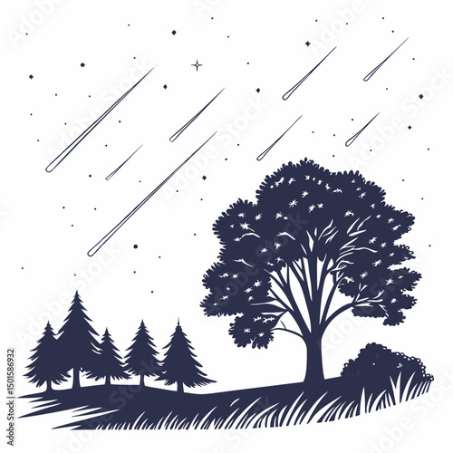 Night sky meteor shower over silhouetted trees