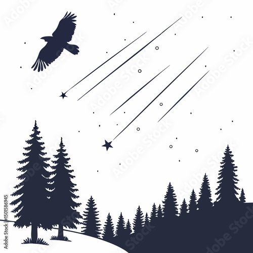 Majestic eagle soaring night sky starry forest