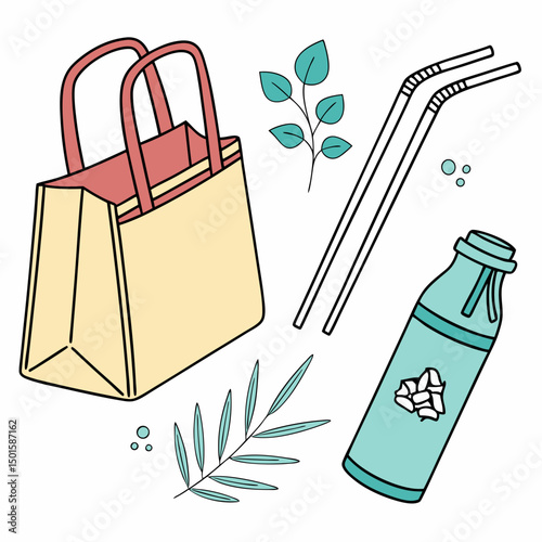Reusable shopping bag bottle straws eco friendly lifestyle