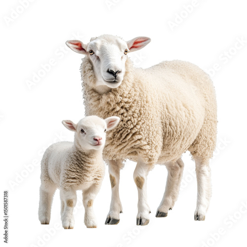 Adult and small white sheep in full-body view, sheep farming concept, isolate on transparent background