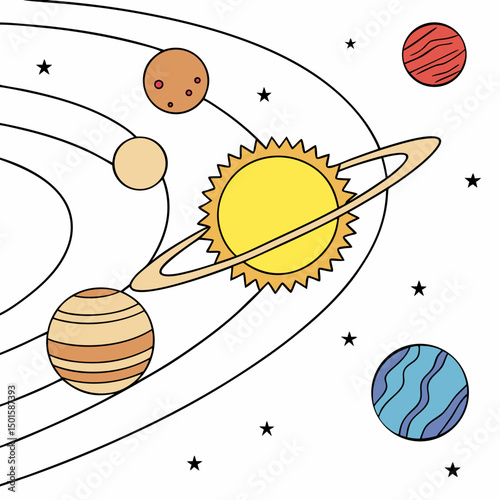 Colorful cartoon solar system planets stars orbit