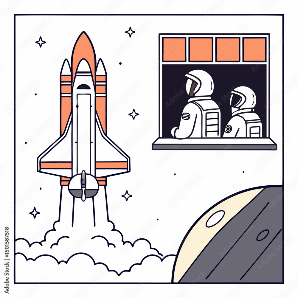 Obraz premium Astronauts watching rocket launch space exploration illustration