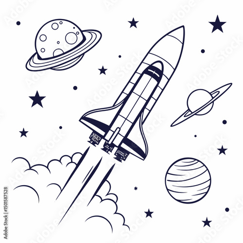 Space rocket launching through cosmos planets stars
