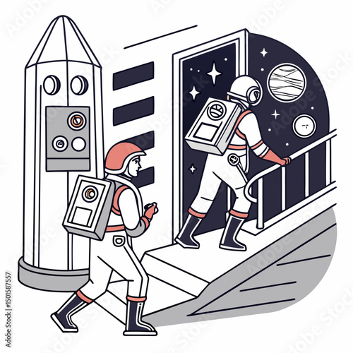 Astronauts entering spacecraft clean cutout illustration