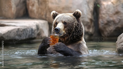 A grizzly bear eating salmon in the water