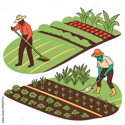 Farmers working in lush vegetable gardens, isolated illustration