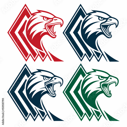 Fierce eagle heads in red blue green and black