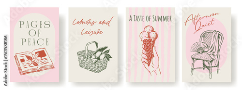 Vector poster collection with Mediterranean summer scenes: reading, lemons, gelato, and quiet afternoons. Soft colors and vintage mood. Perfect for decor, prints, cards, or social content.