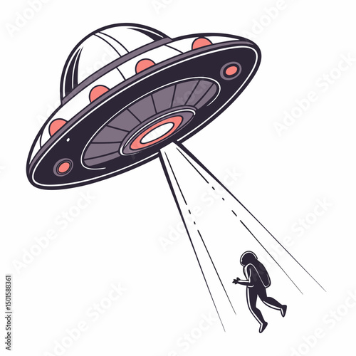 Alien abduction retro style illustration spaceship