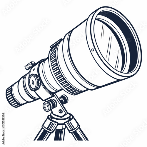 Professional camera lens on tripod isolated on white