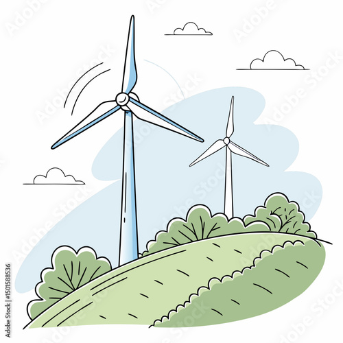 Green hilltop wind turbines clean energy illustration