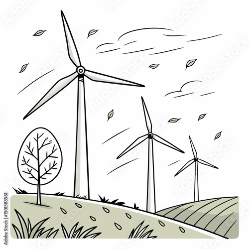 Wind turbines in autumn landscape green energy