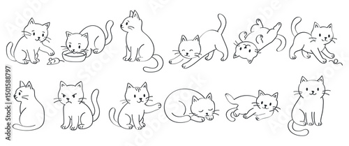 Adorable collection of hand drawn cartoon cats in different poses and moods. Perfect for children's products, pet related designs, coloring books, stickers or educational materials