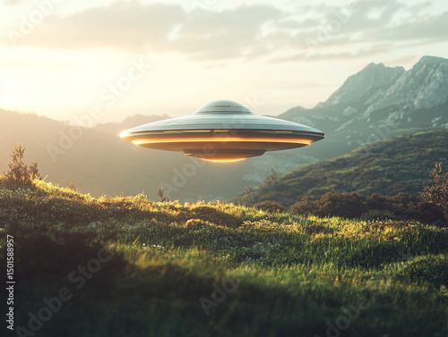 Wallpaper Mural An illuminated UFO hovers mid-air above a vibrant fern-filled forest floor, surrounded by tall trees and dappled sunlight. Torontodigital.ca