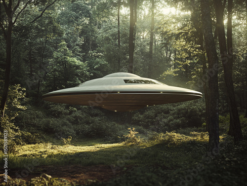 Wallpaper Mural An illuminated UFO hovers mid-air above a vibrant fern-filled forest floor, surrounded by tall trees and dappled sunlight. Torontodigital.ca