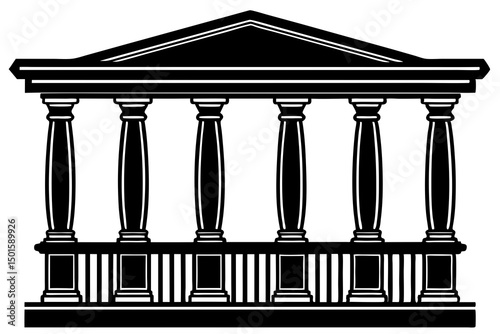 Highly Detailed Black and White Illustration of an Ornate Ancient Greek Temple Featuring Neoclassical Style with Columnar Facade, Ionic Columns, Pediment, Bas Relief Carvings, Intricate Decorative Ele
