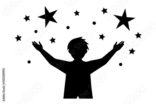 Minimalist Black and White Digital Art Illustration Featuring a Silhouette of a Person Reaching Up Towards Stars, Simple Geometric Design with Clean Modern Style and Inspirational Concept