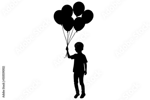 Minimalist High-Contrast Black and White Silhouette of a Young Child Holding a Bunch of Colorful Balloons Against a Plain White Background, Whimsical and Emotive Illustration with Simple Clean Lines a