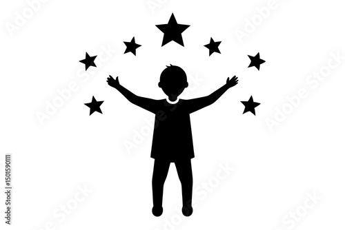 Minimalist Black and White Digital Art Illustration Featuring a Silhouette of a Person Reaching Up Towards Stars, Simple Geometric Design with Clean Modern Style and Inspirational Concept