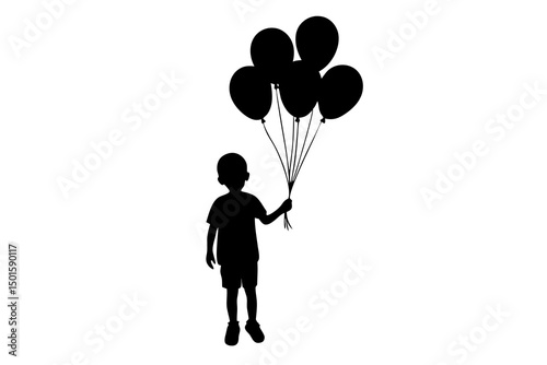Minimalist High-Contrast Black and White Silhouette of a Young Child Holding a Bunch of Colorful Balloons Against a Plain White Background, Whimsical and Emotive Illustration with Simple Clean Lines a