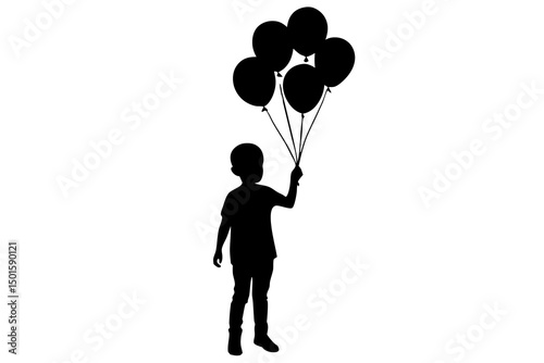 Minimalist High-Contrast Black and White Silhouette of a Young Child Holding a Bunch of Colorful Balloons Against a Plain White Background, Whimsical and Emotive Illustration with Simple Clean Lines a