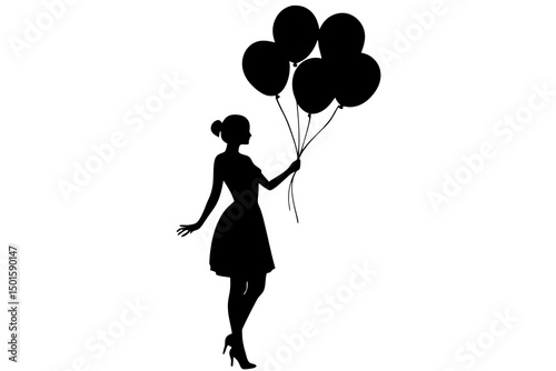 Minimalist Black and White Detailed Line Drawing of a Silhouette of a Woman Holding Black Balloons, Standing Outdoors with Clean and Elegant Design, Simple yet Expressive Composition