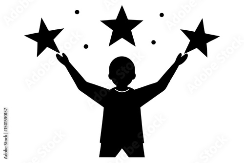 Minimalist Black and White Digital Art Illustration Featuring a Silhouette of a Person Reaching Up Towards Stars, Simple Geometric Design with Clean Modern Style and Inspirational Concept