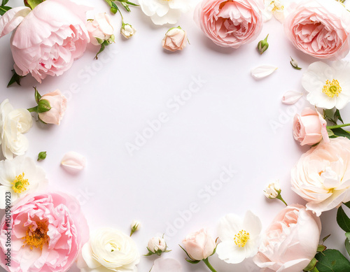 Minimalist wedding concept flowers flat lay with blank space