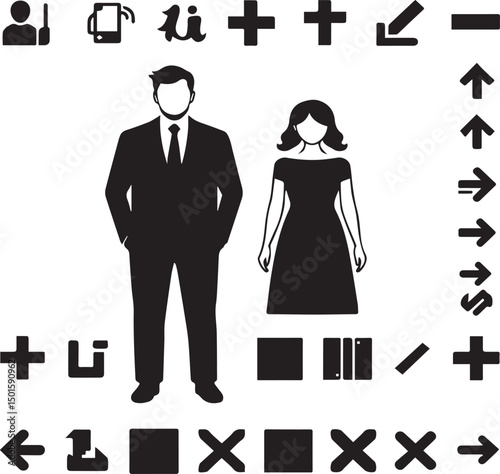 man and woman icon set collection with diverse directional markers on white background.