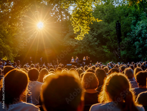 In a tranquil park setting, a captivated audience enjoys a classical music concert as the sun sets, casting a warm glow over the serene atmosphere