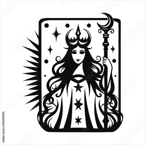 aesthetic tarot style card of witch with crescent