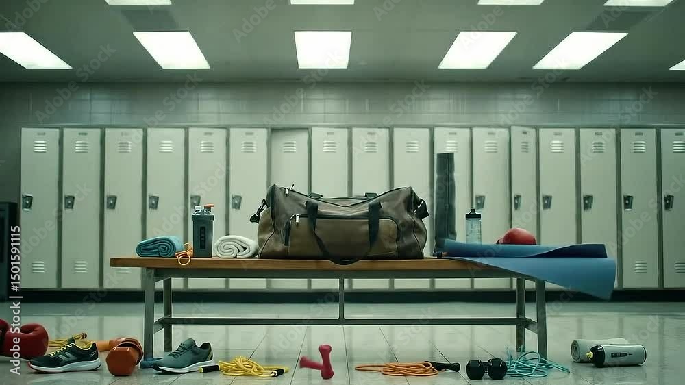 Futuristic Gym Gear in Motion – Animated Fitness Equipment Floating in Locker Room for Sports Tech Promos, Wellness Intros, and High-Energy Workout Branding in Full HD