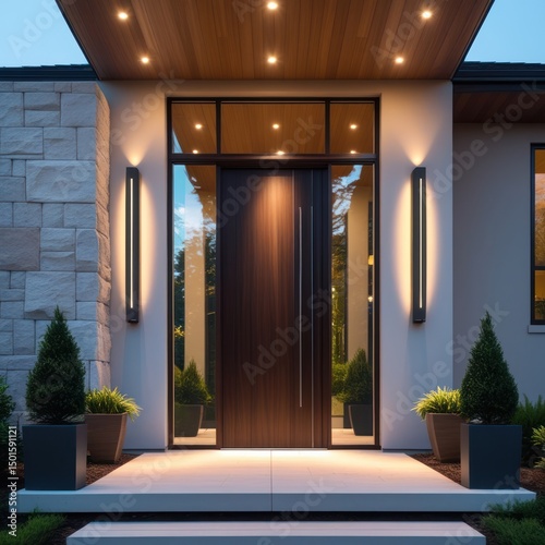 Modern home entrance with dark wood door and stone accents