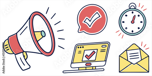 Communication and Confirmation Illustration Set Featuring Megaphone, Checkmark, Stopwatch, Computer, and Email Concepts