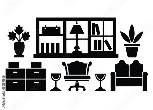 modern office interior design silhouette Vector illustration.