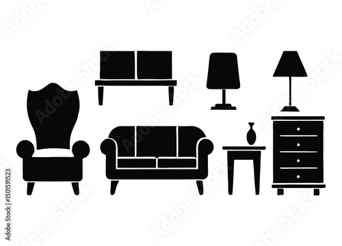 set of furniture icons for office and home interior silhouette vector illustration.