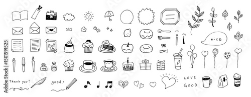 Set of handwritten decorative illustrations for notebooks and diaries. Cute doodle clip art of cafe cakes, muffins, letters, notes, camera, ink, balloons, gifts, coffee, stationery and more.