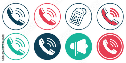 Communication Icon Set Featuring Telephone, Calculator, and Megaphone Concepts