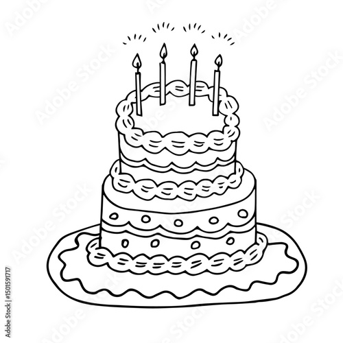 Hand drawn illustration of a cute cake. Anniversary cake celebrating a wedding or birthday. Clip art of girly atmosphere.