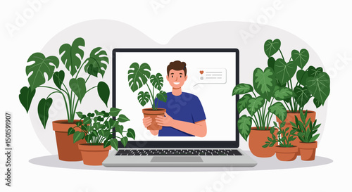 the laptop on the table full of potted plants, on screen live stream with a male blogger holding potted plan in gands showing his houseplants