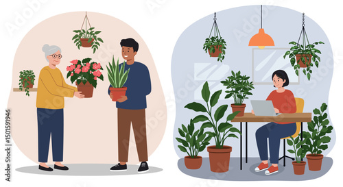 Elderly woman presenting gift potted plant to young man in cozy indoor setting  