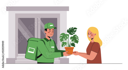 the courier in green uniform and with a bag hands a blonde woman a potted monstera plant against the fat entrance, isolated on white