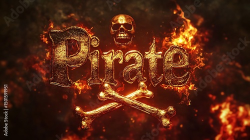 Gold text of the word pirate in flames.