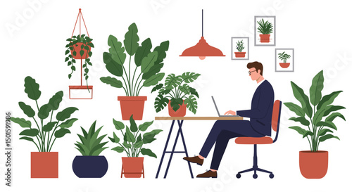 stylish man in a suit working remotely on a laptop, sitting by a giant wall full of potted plants, urban jungle home office, isolated on white
