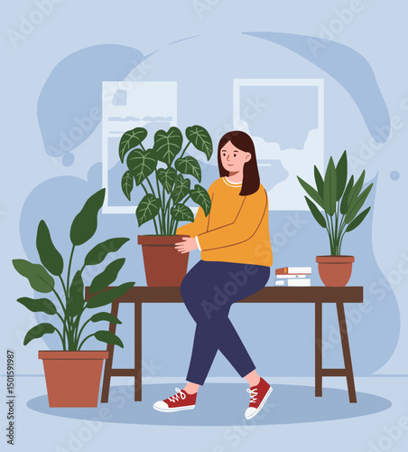 Young woman placing potted plant  on the office table
