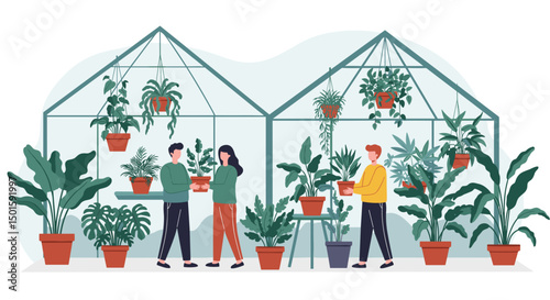 potted plants swap event, people holding and exchanging potted houseplants at the greenhouse