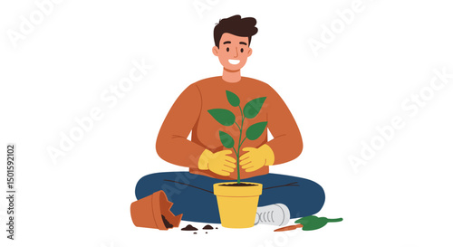 Young man planting a small tree  sapling in a pot while sitting on the floor  