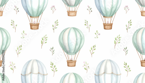 Fototapeta Naklejka Na Ścianę i Meble -  Seamless Watercolor Pattern of Pastel Hot Air Balloons and Flowers